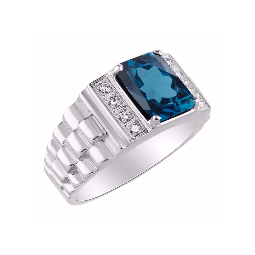 RYLOS Mens Rings Sterling Silver Designer Style 10X8MM Emerald Cut Shape Gemstone and Genuine Diamonds Blue Topaz
