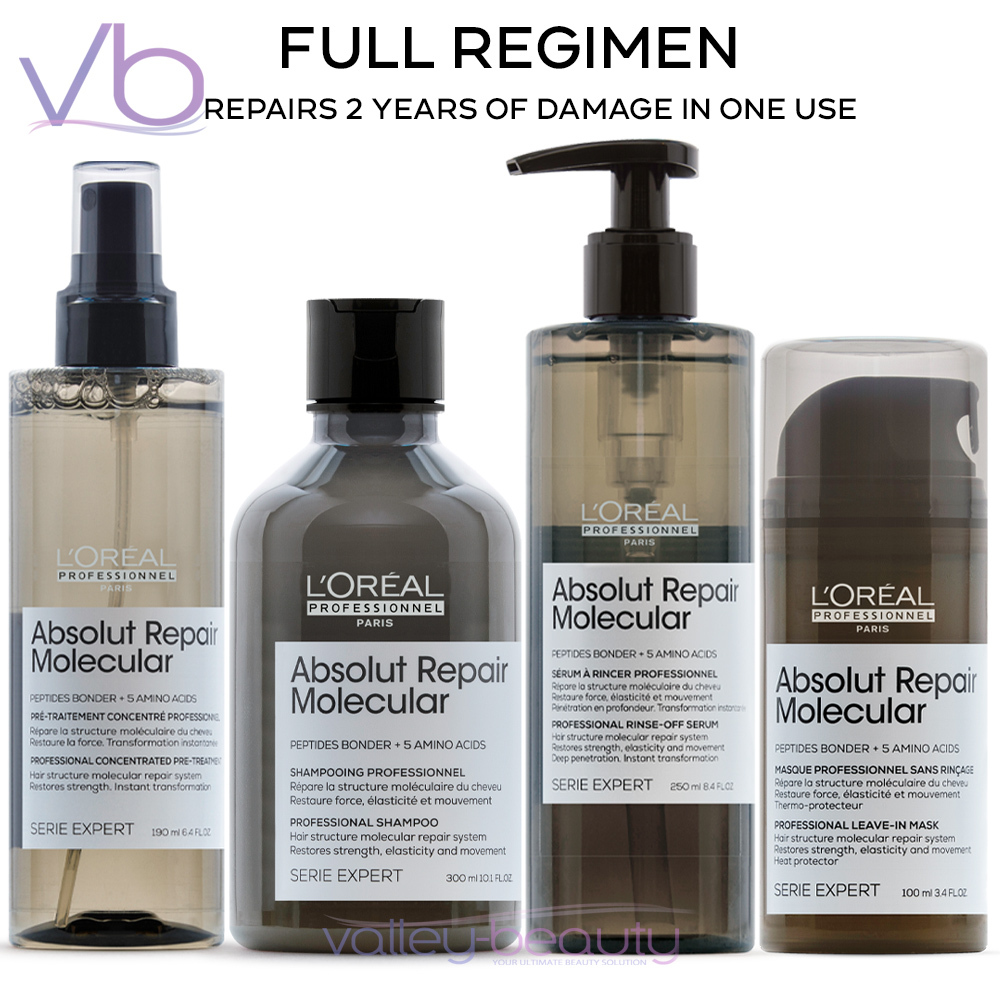 L'Oreal (Full Regimen) L'Oreal Absolut Repair Molecular Pre-Treatment, Shampoo, Rinse-Off Serum, Leave-in Mask