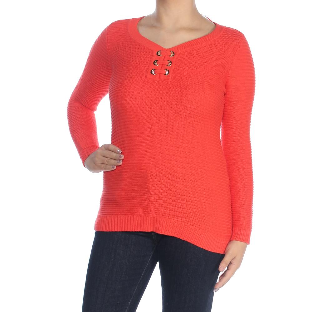 CHARTER CLUB Womens Orange Grommet Long Sleeve V Neck Sweater Petites PP