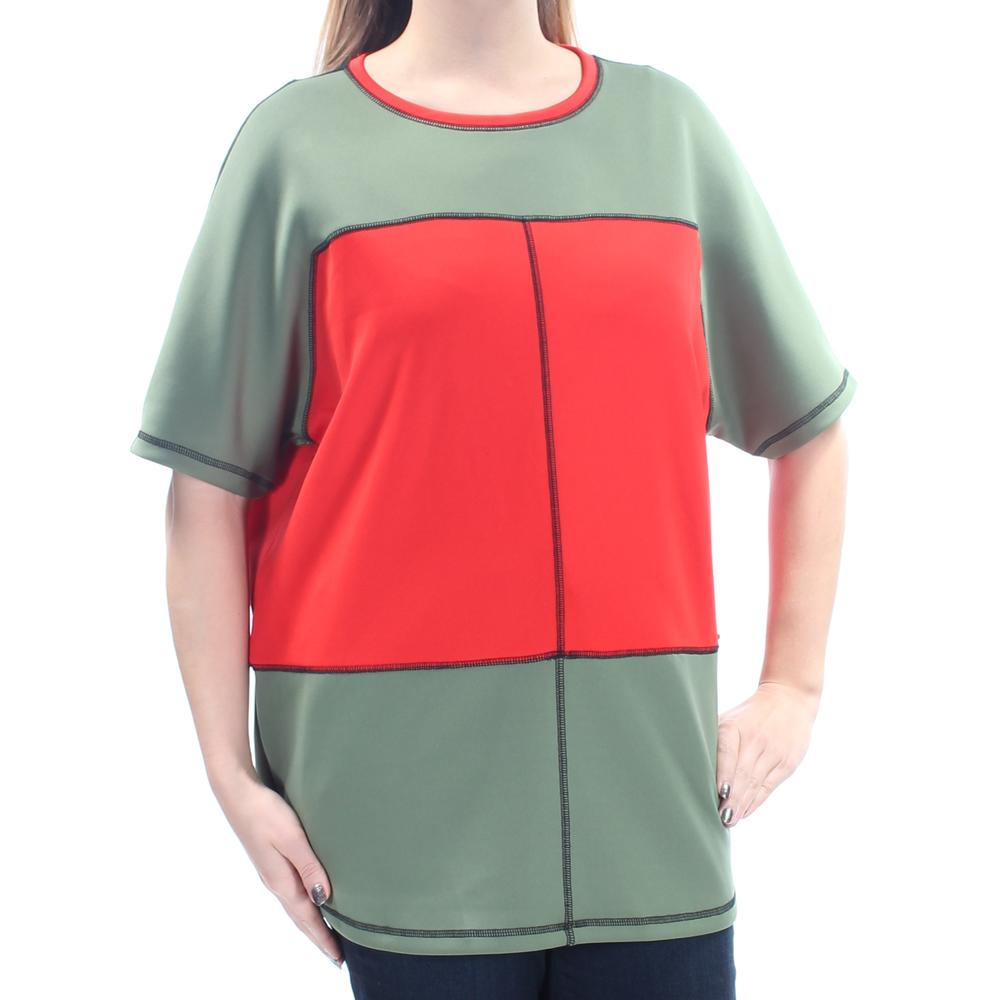 ANNE KLEIN Womens Red Color Block 3/4 Sleeve Jewel Neck Top Size: S