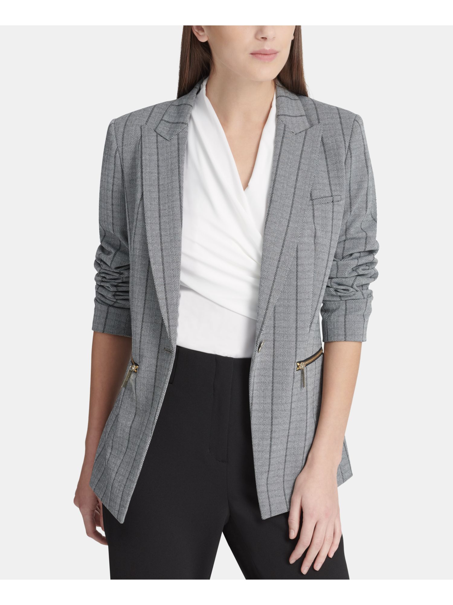 Dkny Womens Black Zip Pockets Herringbone Blazer Jacket Size 16 Dkny Womens Black Zip Pockets Herringbone Blazer Jacket Size 16