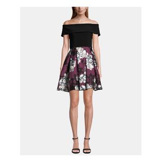 Betsy & Adam Womens Black Floral Short Sleeve Off Shoulder Mini Fit + Flare Formal Dress Size 10 Betsy & Adam Womens Black Floral Short Sleeve Off Shoulder Mini Fit + Flare Formal Dress Size 10