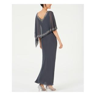 JKARA Womens Shift Maxi Dress Beaded V Neck Evening Attached Asymmetrical Cape JKARA Womens Shift Maxi Dress Beaded V Neck Evening Attached Asymmetrical Cape
