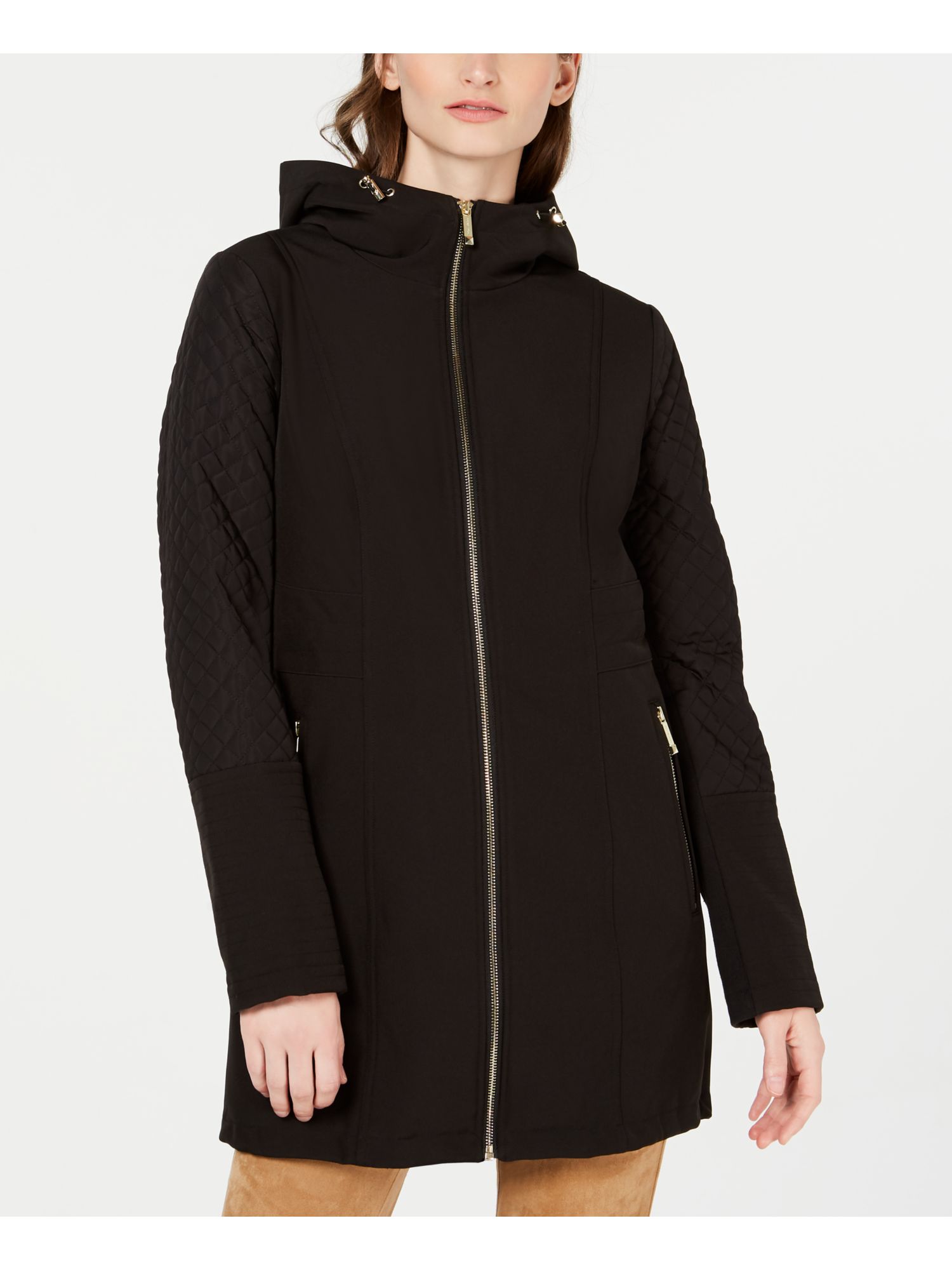 MICHAEL KORS Womens Black Zippered Hooded Raincoat Size: XXS