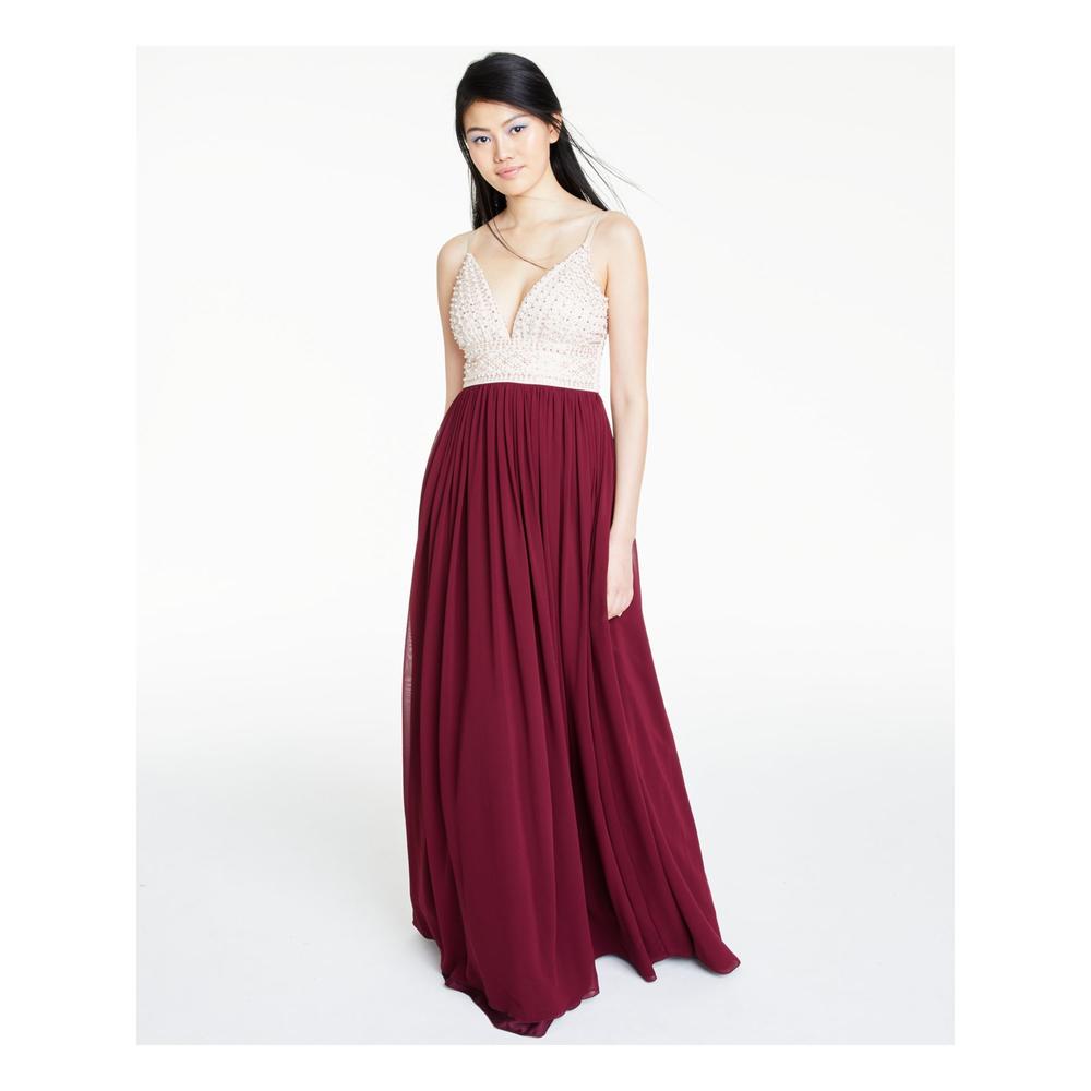 Say Yes To The Prom Womens Burgundy Beaded Spaghetti Strap V Neck Full Length Formal Empire Waist Dress Juniors 0 Say Yes To The Prom Womens Burgundy Beaded Spaghetti Strap V Neck Full Length Formal Empire Waist Dress Juniors 0