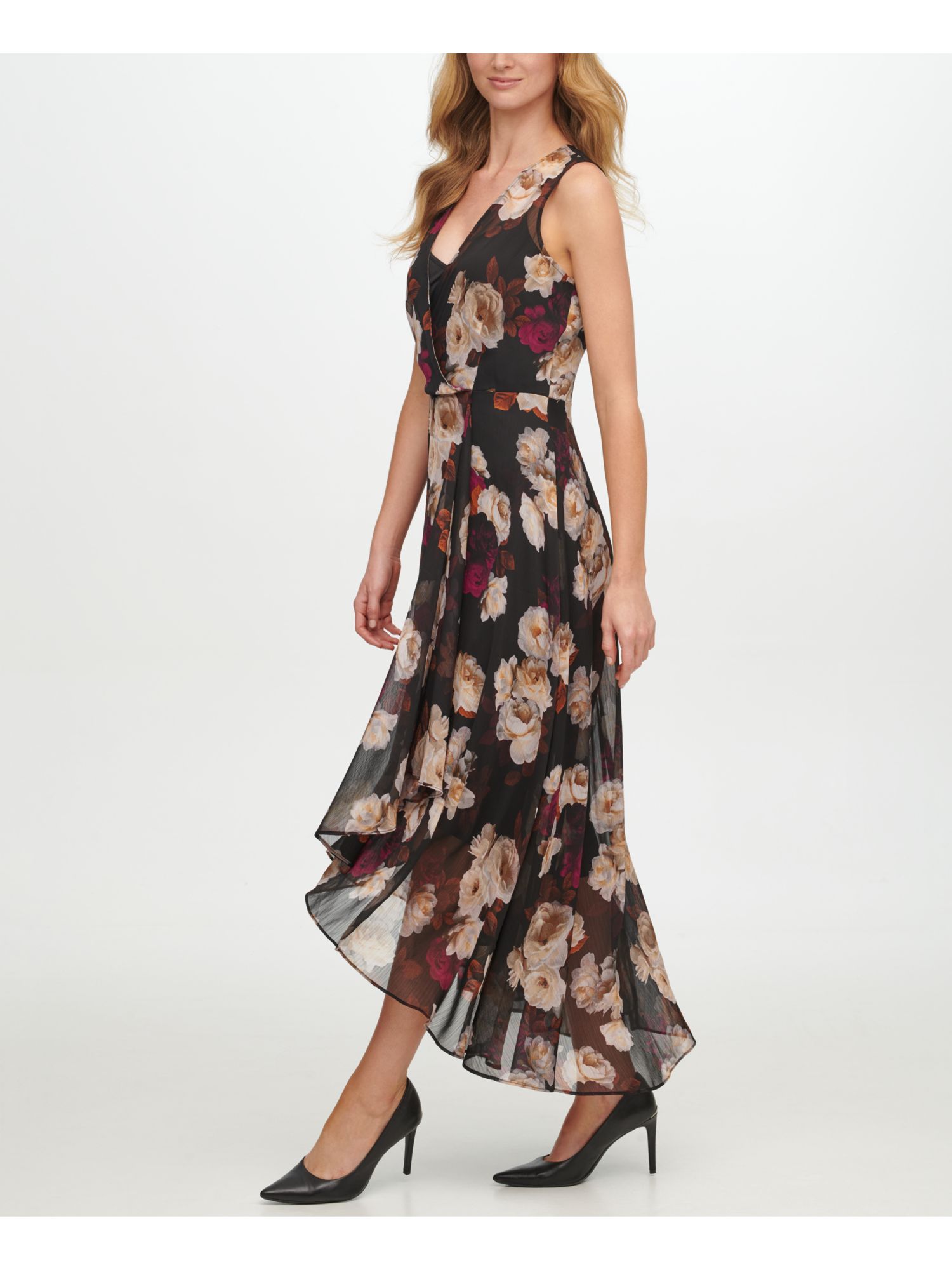 Calvin Klein CALVIN KLEIN Womens Black Floral Surplice Neckline Maxi Fit +  Flare Dress 16