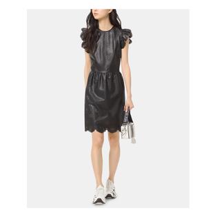 Michael Kors MICHAEL KORS Womens Faux Leather Ruffled Crew Neck Above The Knee Cocktail Sheath Dress Michael Kors MICHAEL KORS Womens Faux Leather Ruffled Crew Neck Above The Knee Cocktail Sheath Dress