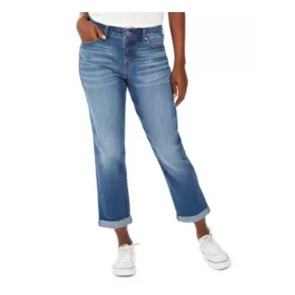 STYLE & COMPANY Womens Blue Denim Zippered Pocketed Curvy-fit Girlfriend Cuffed Jeans 4