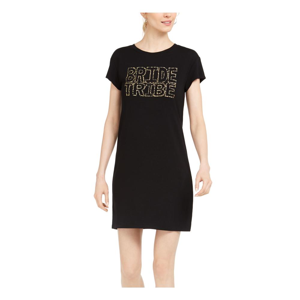 ADRIANNA PAPELL Womens Black Glitter Printed Short Sleeve Crew Neck Mini Shift Dress M
