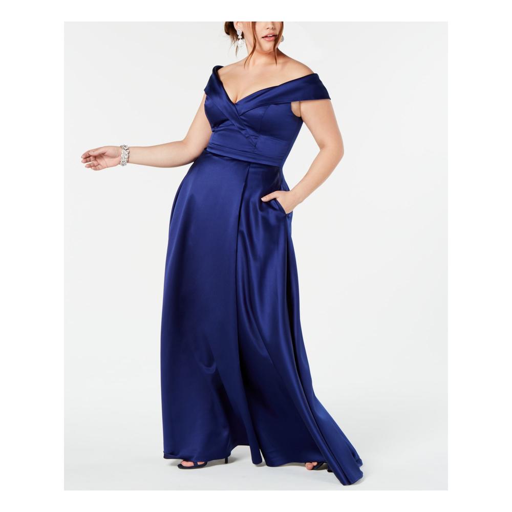 XSCAPE Womens Blue Off Shoulder Full-Length Formal Fit + Flare Dress Plus 16W