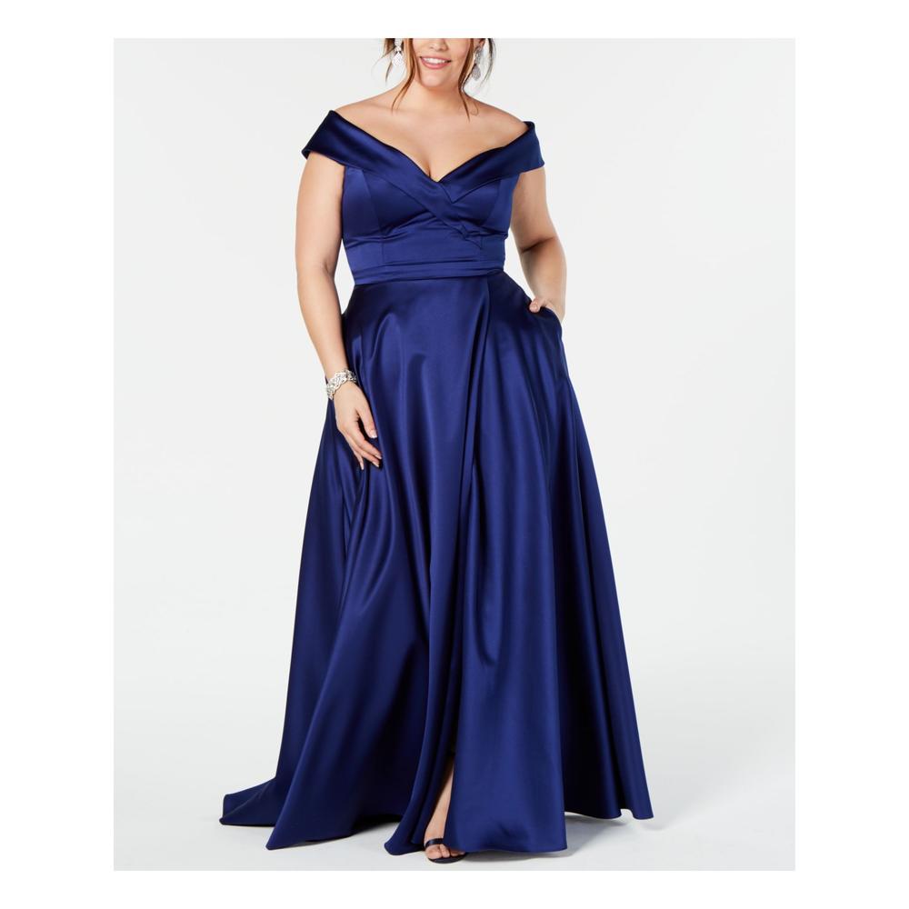 XSCAPE Womens Blue Off Shoulder Full-Length Formal Fit + Flare Dress Plus 16W
