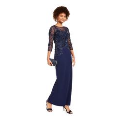 ADRIANNA PAPELL Womens Navy Sequined Illusion-yoke Gown 3/4 Sleeve Boat Neck Maxi Formal Shift Dress 4