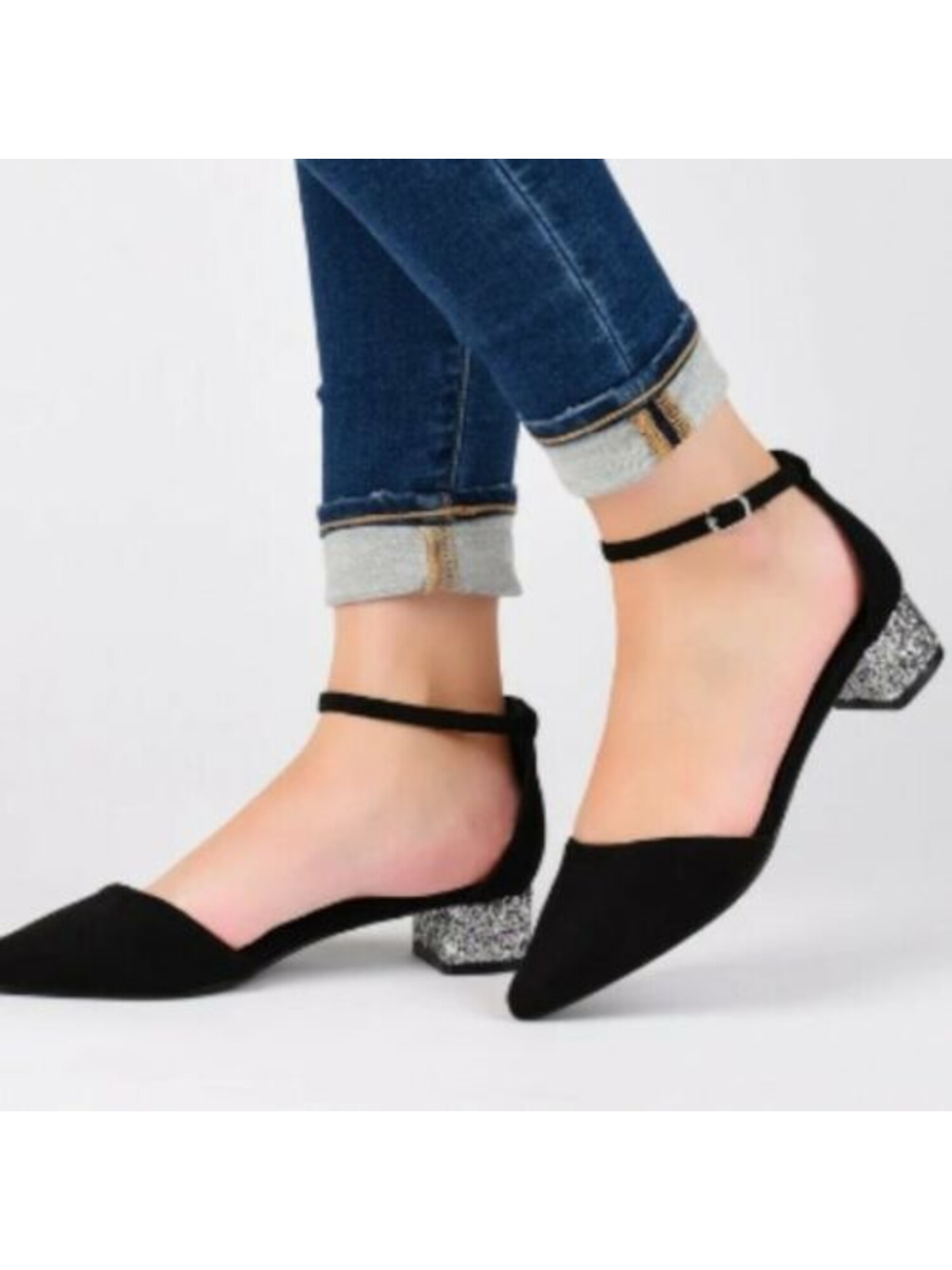 JOURNEE Womens Black Heel Cushioned Glitter Pointed Toe Block Heel Buckle Heels Shoes 9