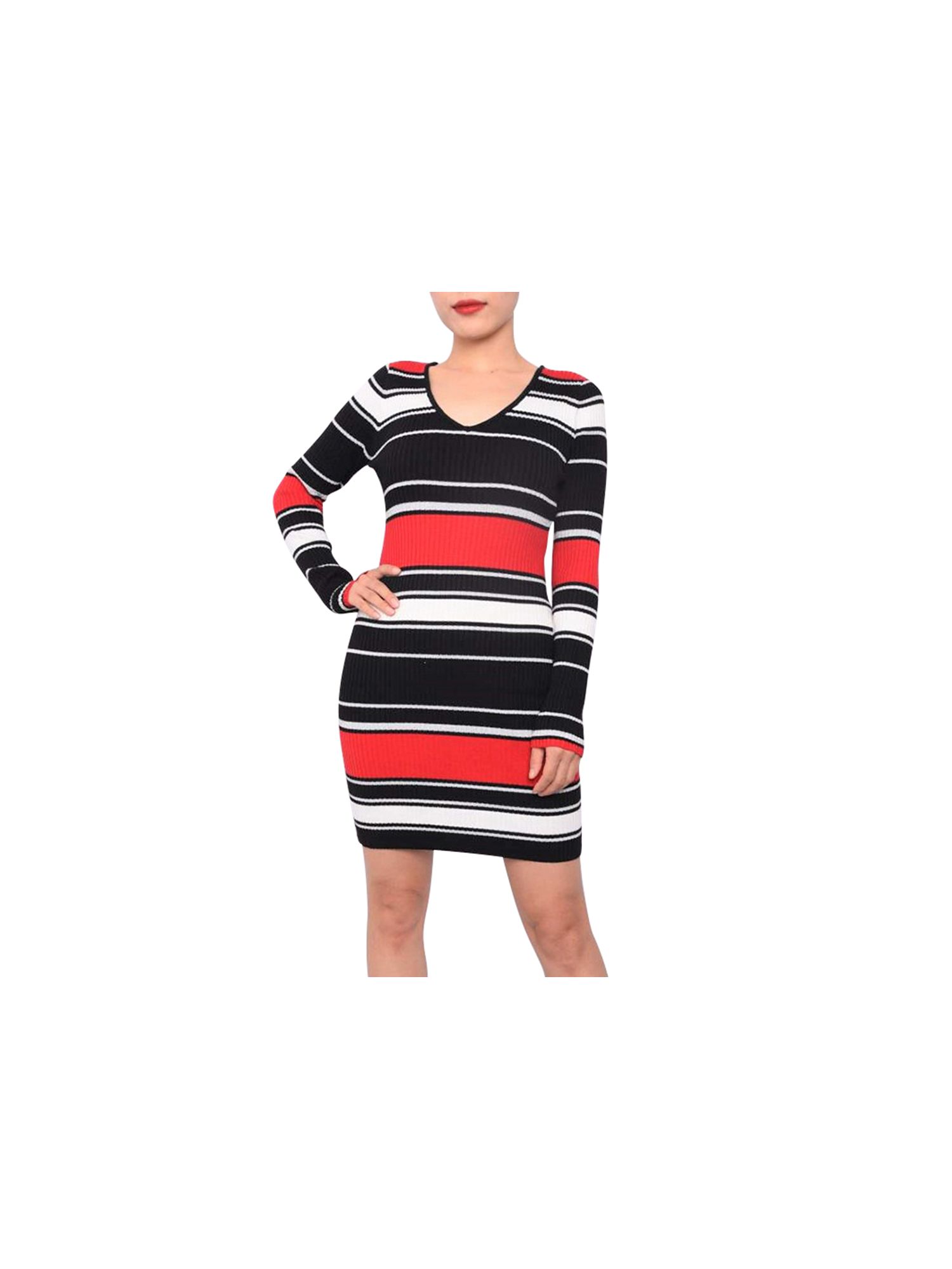 Planet Gold PLANET GOLD Womens Black Glitter Lace Up Detail Striped Long  Sleeve V Neck Short Body Con Dress XS