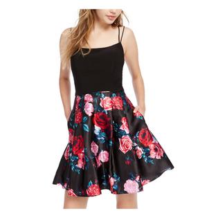 Blondie Womens Black Pockets Floral Spaghetti Strap Scoop Neck Short Fit + Flare Party Dress Size 1 Blondie Womens Black Pockets Floral Spaghetti Strap Scoop Neck Short Fit + Flare Party Dress Size 1