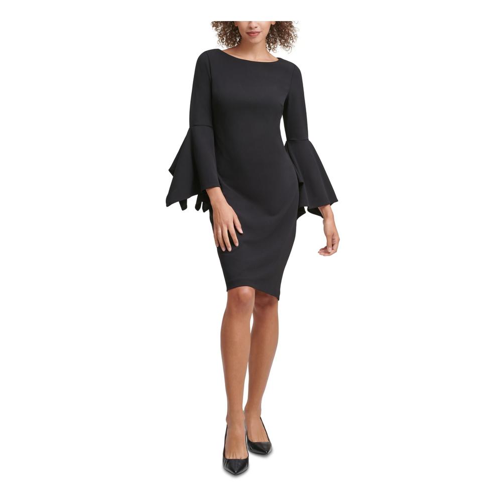 Calvin Klein CALVIN KLEIN Womens Black Bell Sleeve Boat Neck Knee Length  Evening Body Con Dress 2