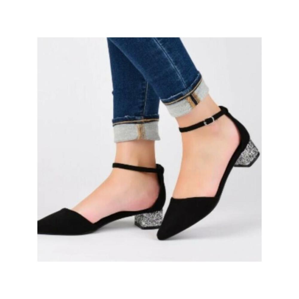 JOURNEE Womens Black Heel Cushioned Glitter Pointed Toe Block Heel Buckle Heels Shoes 9