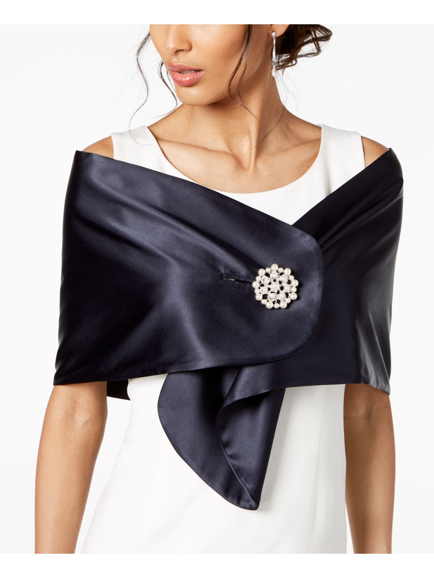 Adrianna Papell Adrianna Papell Navy Satin Cape With Brooch Evening Scarf S