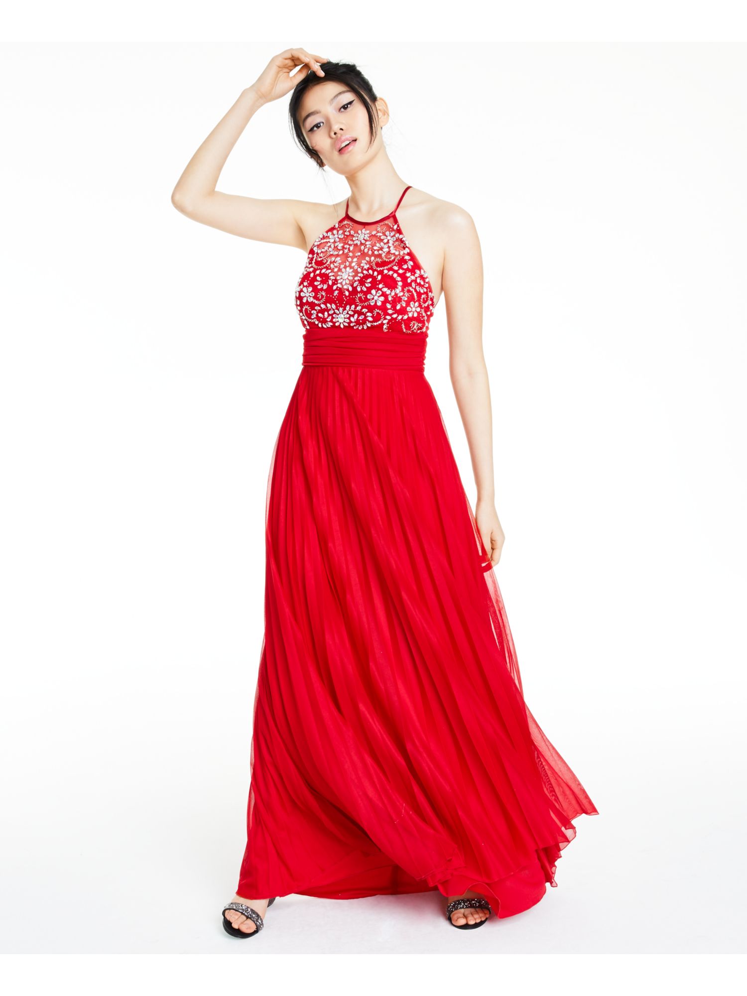 B.Darlin B DARLIN Womens Red Embellished Sleeveless Halter Full-Length Prom Fit + Flare Dress Juniors 1\2