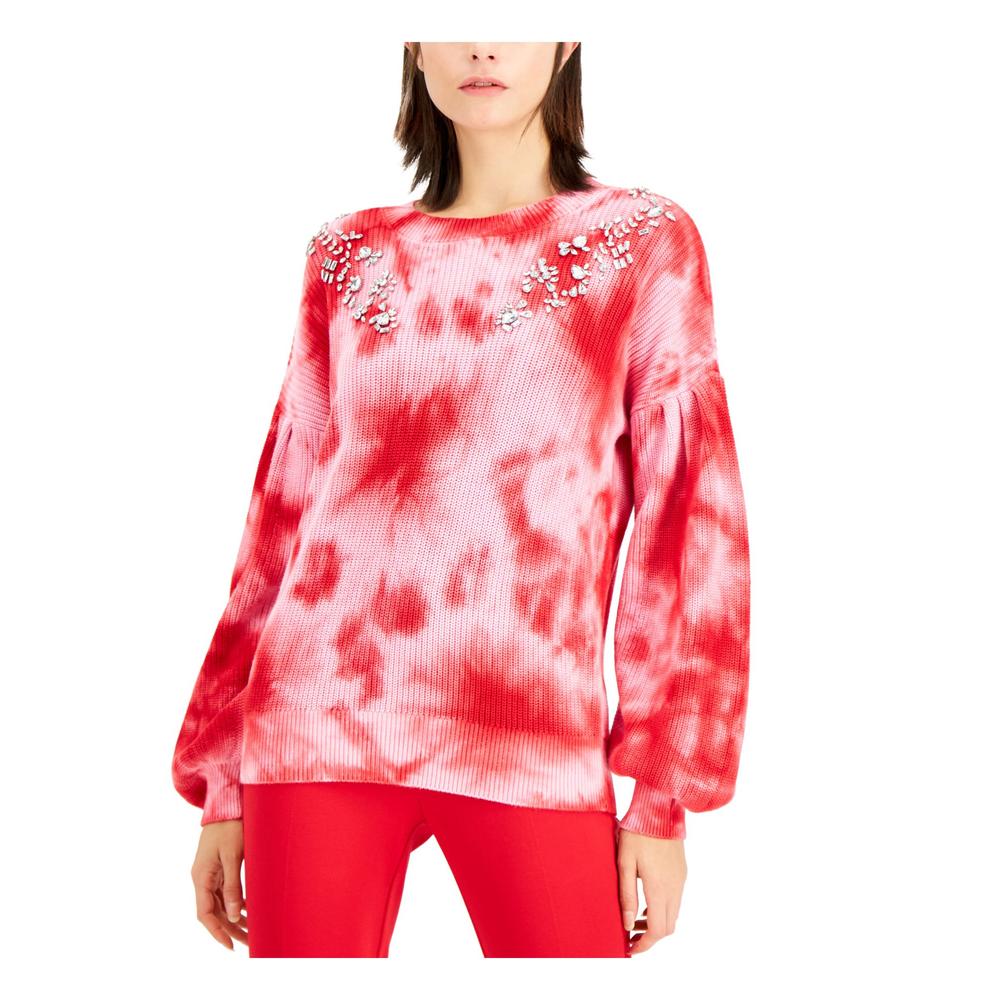 International Concepts INC Womens Red Tie Dye Long Sleeve Jewel Neck Sweater Petites Size: PL