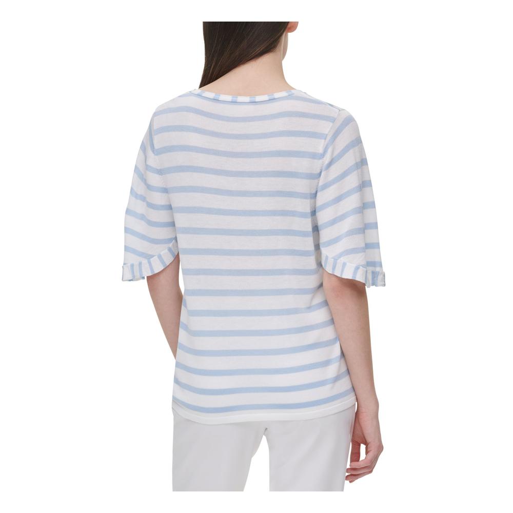 CALVIN KLEIN Womens Light Blue Striped Short Sleeve Jewel Neck Top XS