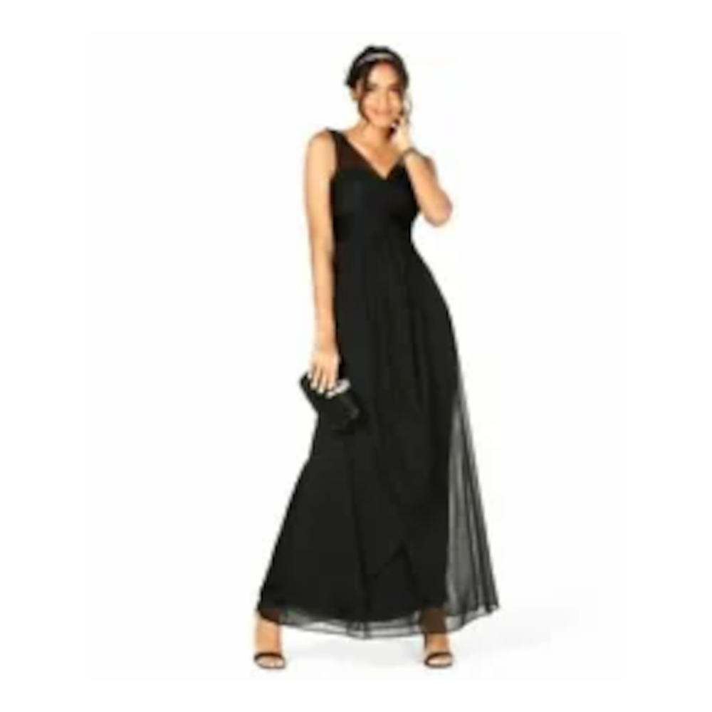 ADRIANNA PAPELL Womens Black Embellished Ruched Sleeveless V Neck Full-Length Evening Empire Waist Dress 8
