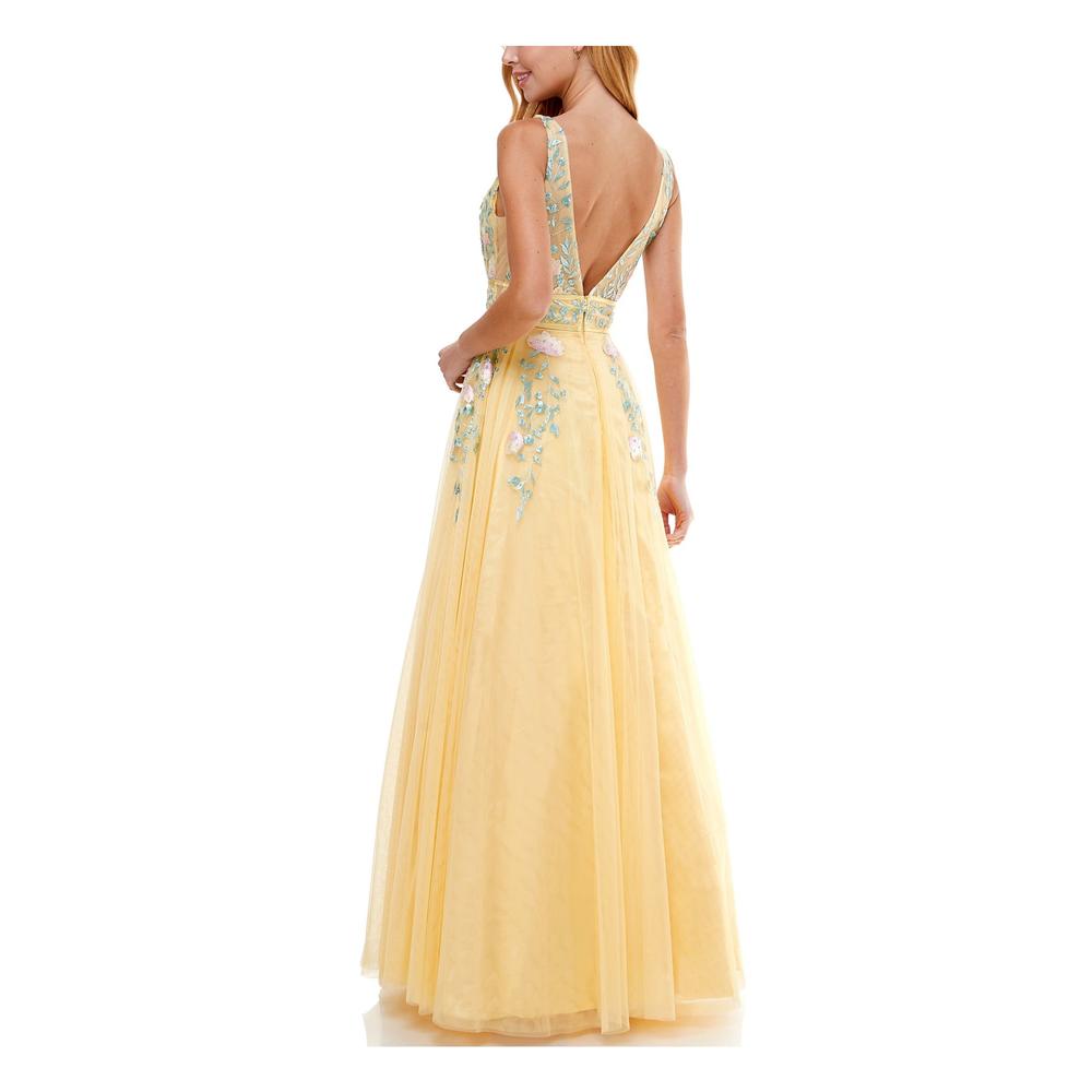 SAY YES TO THE PROM Womens Yellow Embroidered Zippered Gown Floral Sleeveless V Neck Full-Length Prom Dress Juniors 3