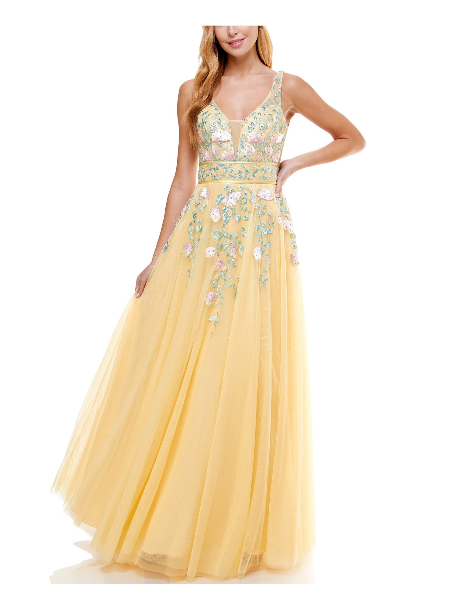 SAY YES TO THE PROM Womens Yellow Embroidered Zippered Gown Floral Sleeveless V Neck Full-Length Prom Dress Juniors 3
