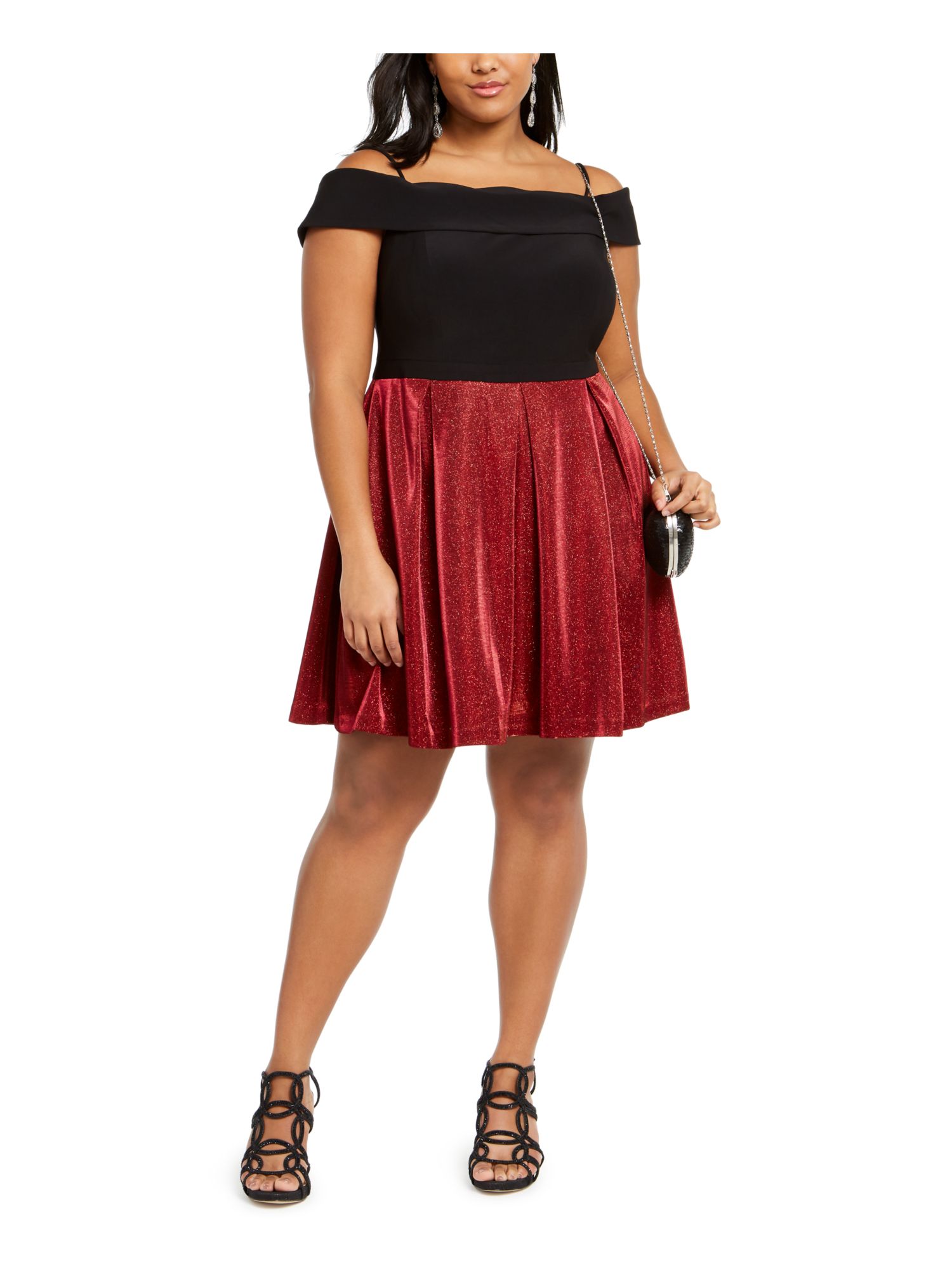 Morgan & Co MORGAN & CO Womens Red Glitter Short Sleeve Off Shoulder Above  The Knee Evening Fit + Flare Dress Plus 20W