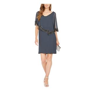 JKARA Womens Over Lay V Neck Above The Knee Evening Sheath Dress JKARA Womens Over Lay V Neck Above The Knee Evening Sheath Dress