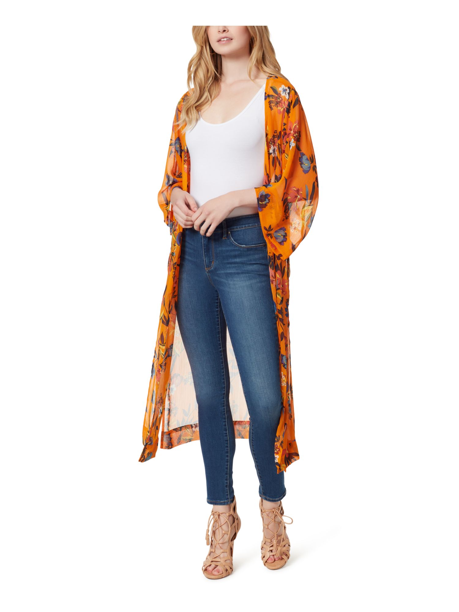Jessica Simpson JESSICA SIMPSON Womens Orange Slitted Open Front Duster Floral 3/4 Sleeve Jacket XS Jessica Simpson JESSICA SIMPSON Womens Orange Slitted Open Front Duster Floral 3/4 Sleeve Jacket XS