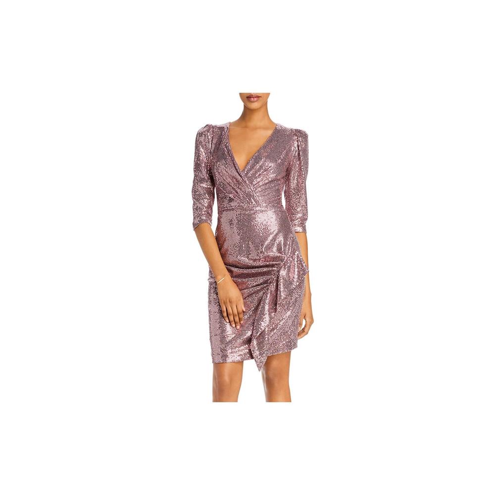 AQUA FORMAL Womens Pink Sequined Zippered Ruffled Elbow Sleeve Surplice Neckline Short Evening Sheath Dress 8