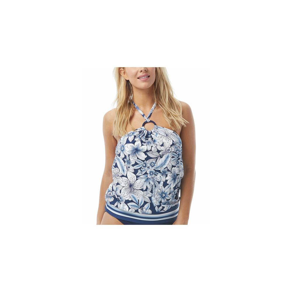 COCO REEF Women's Navy Floral Stretch Removable Cups Lined Adjustable Ring Maven Halter Tankini Swimsuit Top 36D