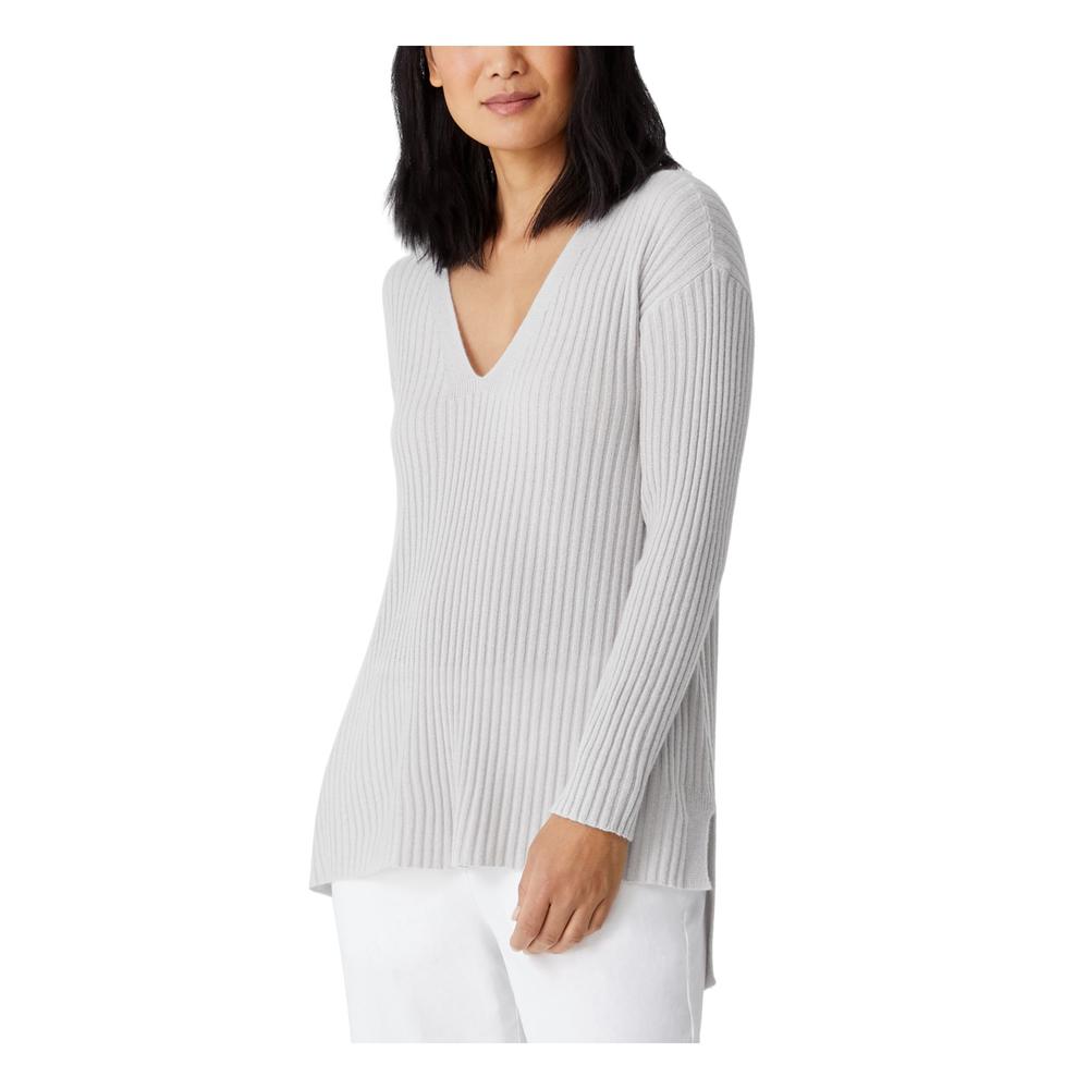 EILEEN FISHER Womens Gray Cashmere Ribbed Hi-lo Hem Long Sleeve V Neck Wear To Work Tunic Sweater S