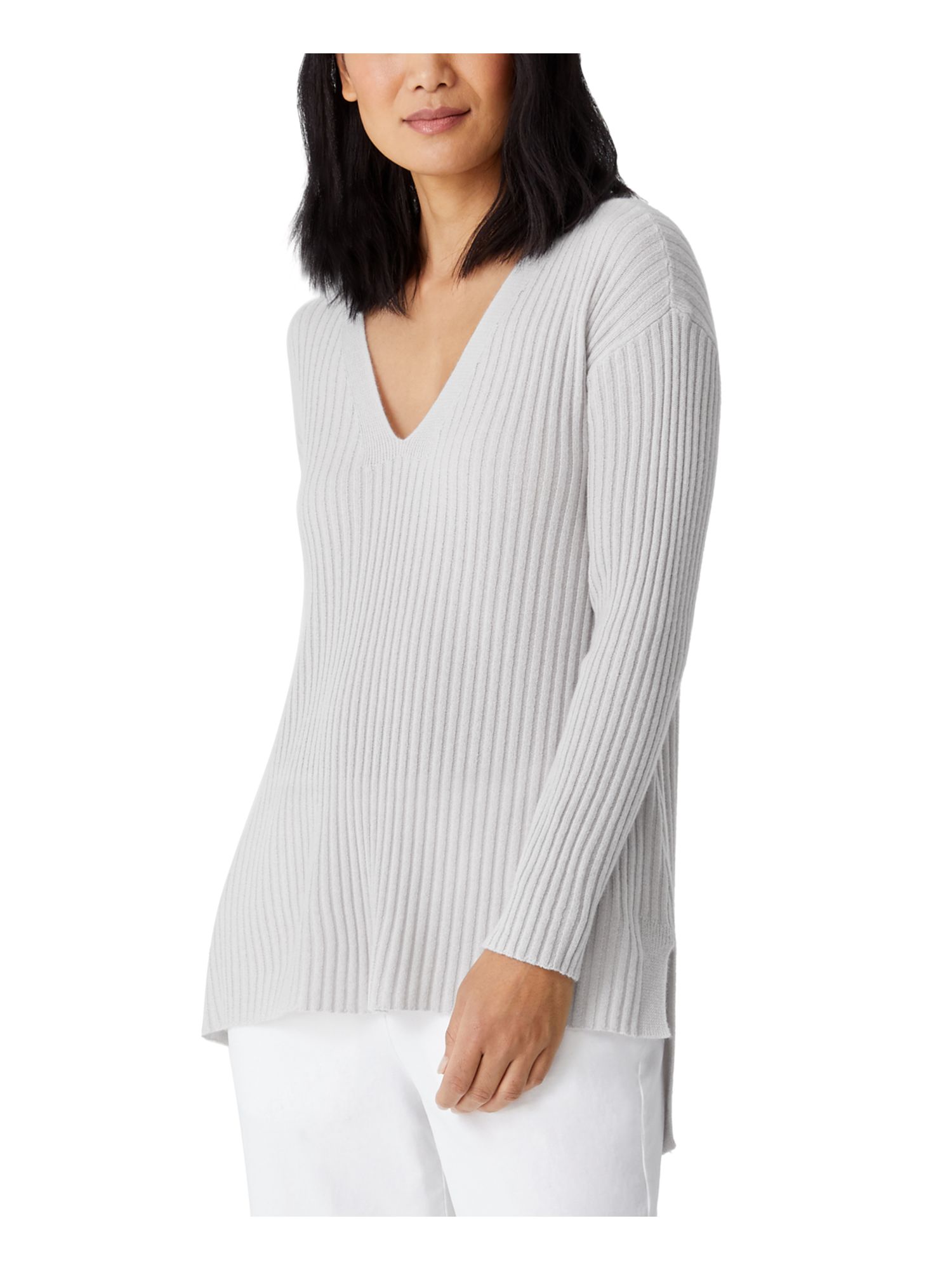 EILEEN FISHER Womens Gray Cashmere Ribbed Hi-lo Hem Long Sleeve V Neck Wear To Work Tunic Sweater S