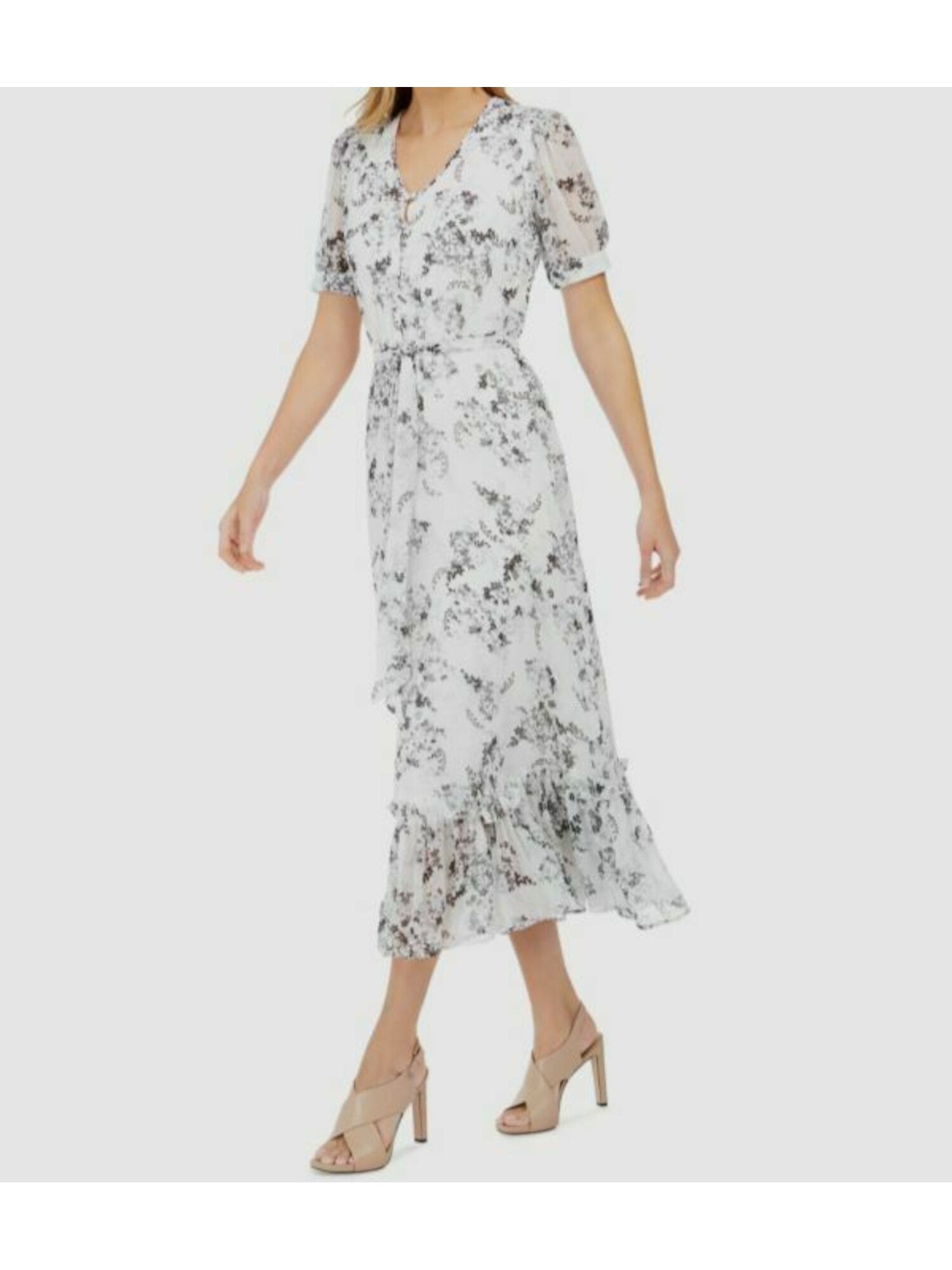 Calvin Klein CALVIN KLEIN Womens White Stretch Floral V Neck Tea-Length  Wear To Work Fit + Flare Dress 8