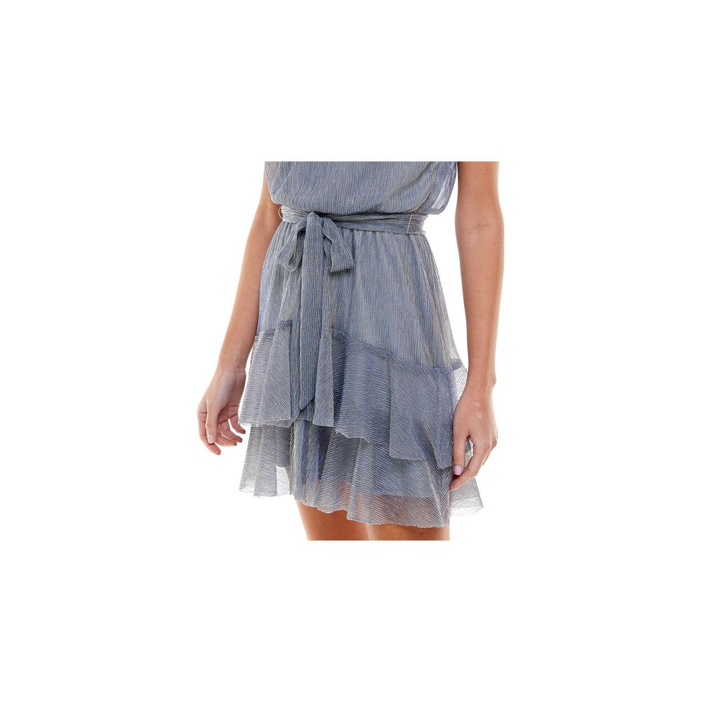 CITY STUDIO Womens Gray Metallic Belted Back Keyhole Tiered Skirt Sleeveless Halter Short Party Fit + Flare Dress Juniors L