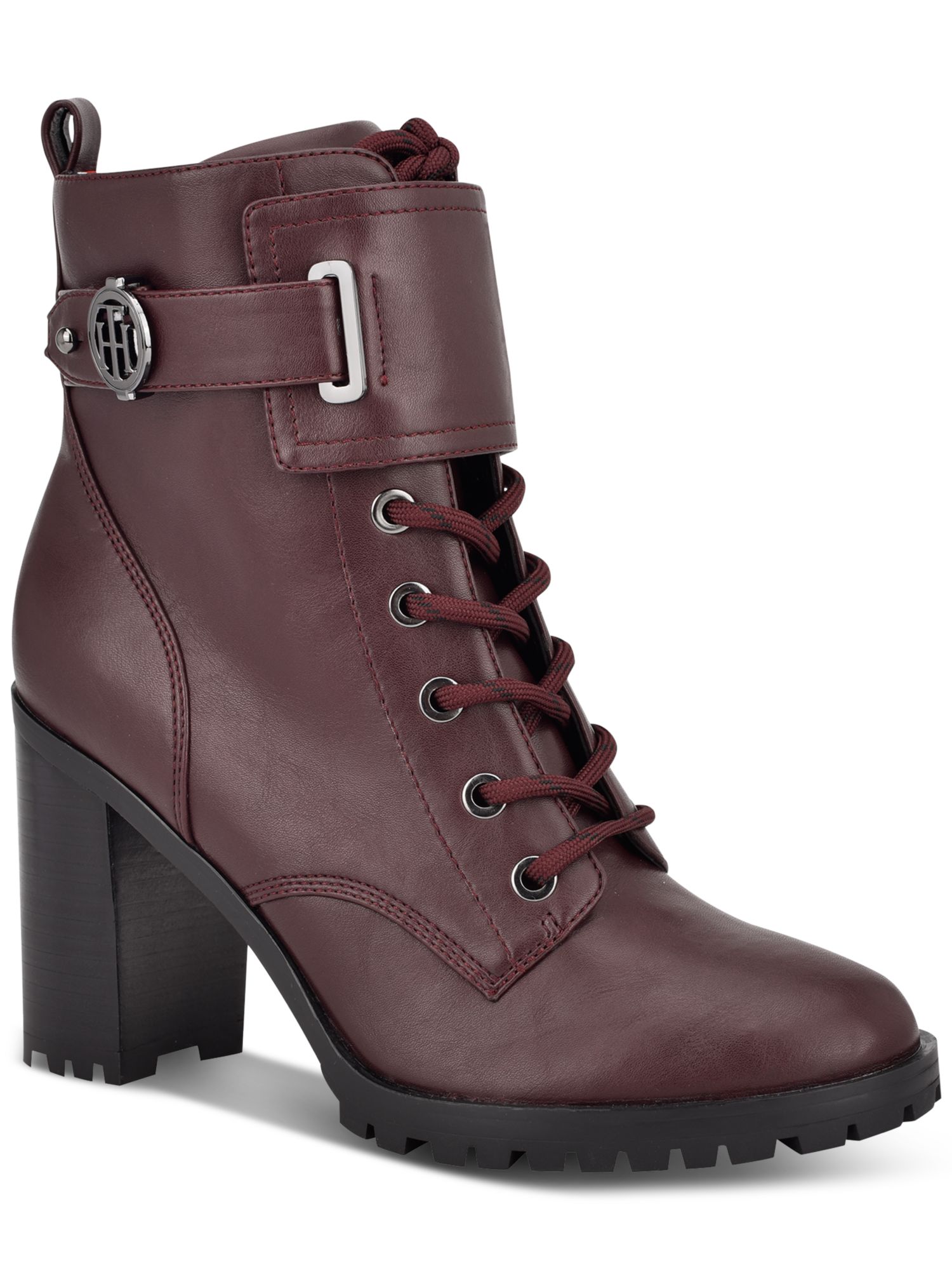 TOMMY HILFIGER Womens Maroon Lug Sole Buckle Accent Round Toe Block Heel Lace-Up Booties 5.5