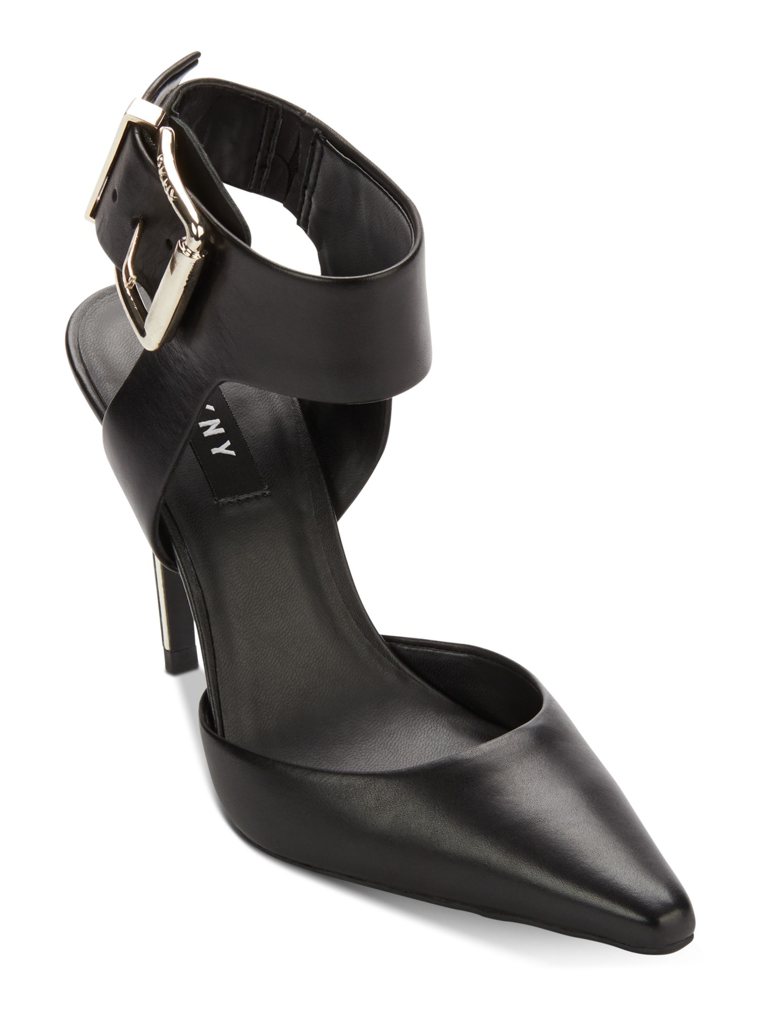DKNY Womens Black Over-Sized Buckle Cushioned Ankle Strap Belka Pointed Toe Stacked Heel Buckle Leather Slingback 9.5