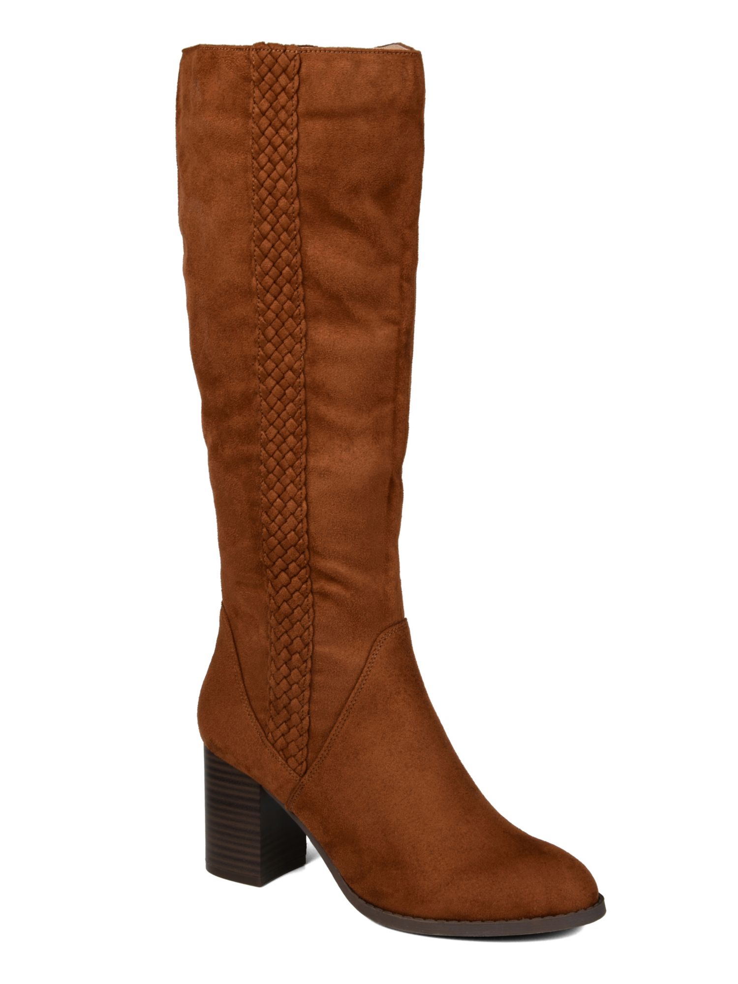 JOURNEE COLLECTION Womens Brown Braided Side Strip Extra Wide Calf Almond Toe Stacked Heel Zip-Up Heeled Boots 5.5