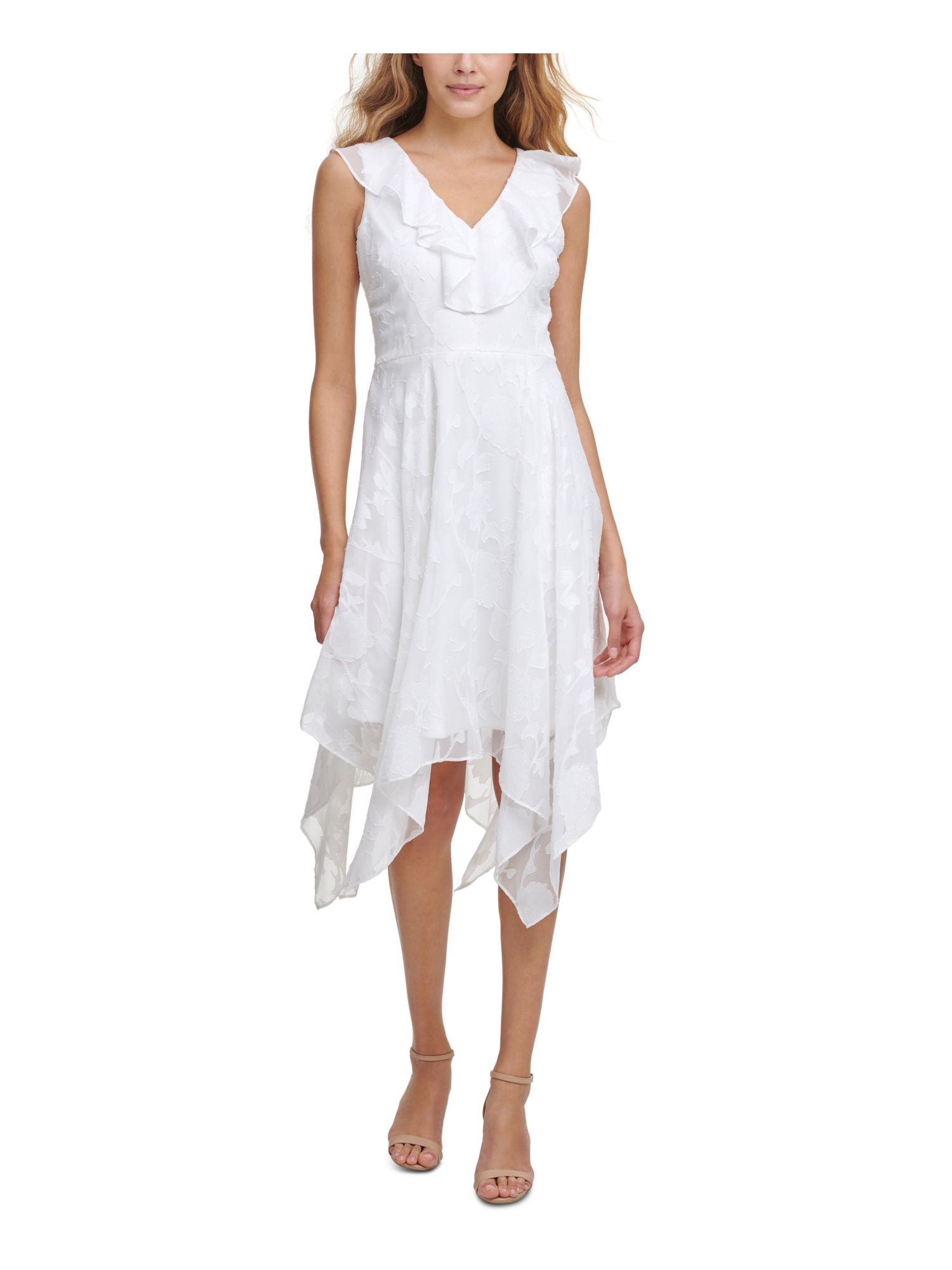KENSIE DRESSES Womens White Ruffled Zippered Handkerchief Hem Floral Sleeveless V Neck Midi Evening Fit + Flare Dress 10