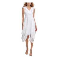 KENSIE DRESSES Womens White Ruffled Zippered Handkerchief Hem Floral Sleeveless V Neck Midi Evening Fit + Flare Dress 10