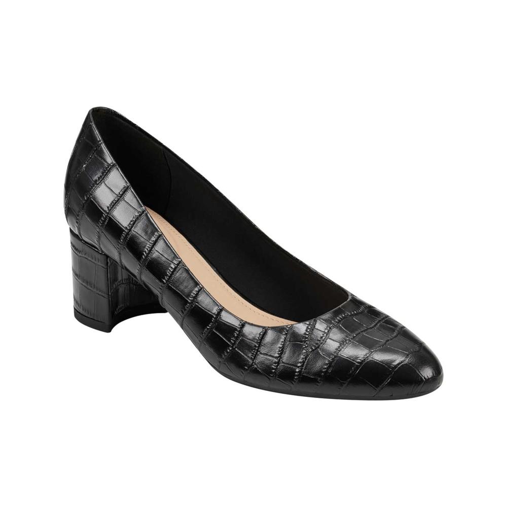 EVOLVE Womens Black Cushioned Slip Resistant Almond Toe Block Heel Slip On Leather Dress Pumps Shoes 9 M