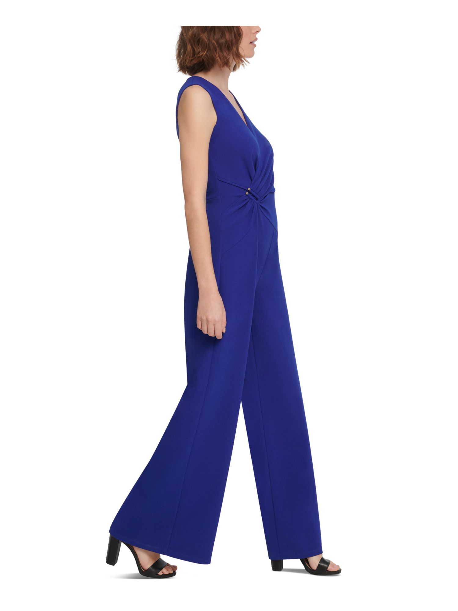 DKNY Womens Blue Ruched Asymmetrical Draped Sleeveless Surplice Neckline Party Wide Leg Jumpsuit 8