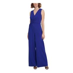 DKNY Womens Blue Ruched Asymmetrical Draped Sleeveless Surplice Neckline Party Wide Leg Jumpsuit 8