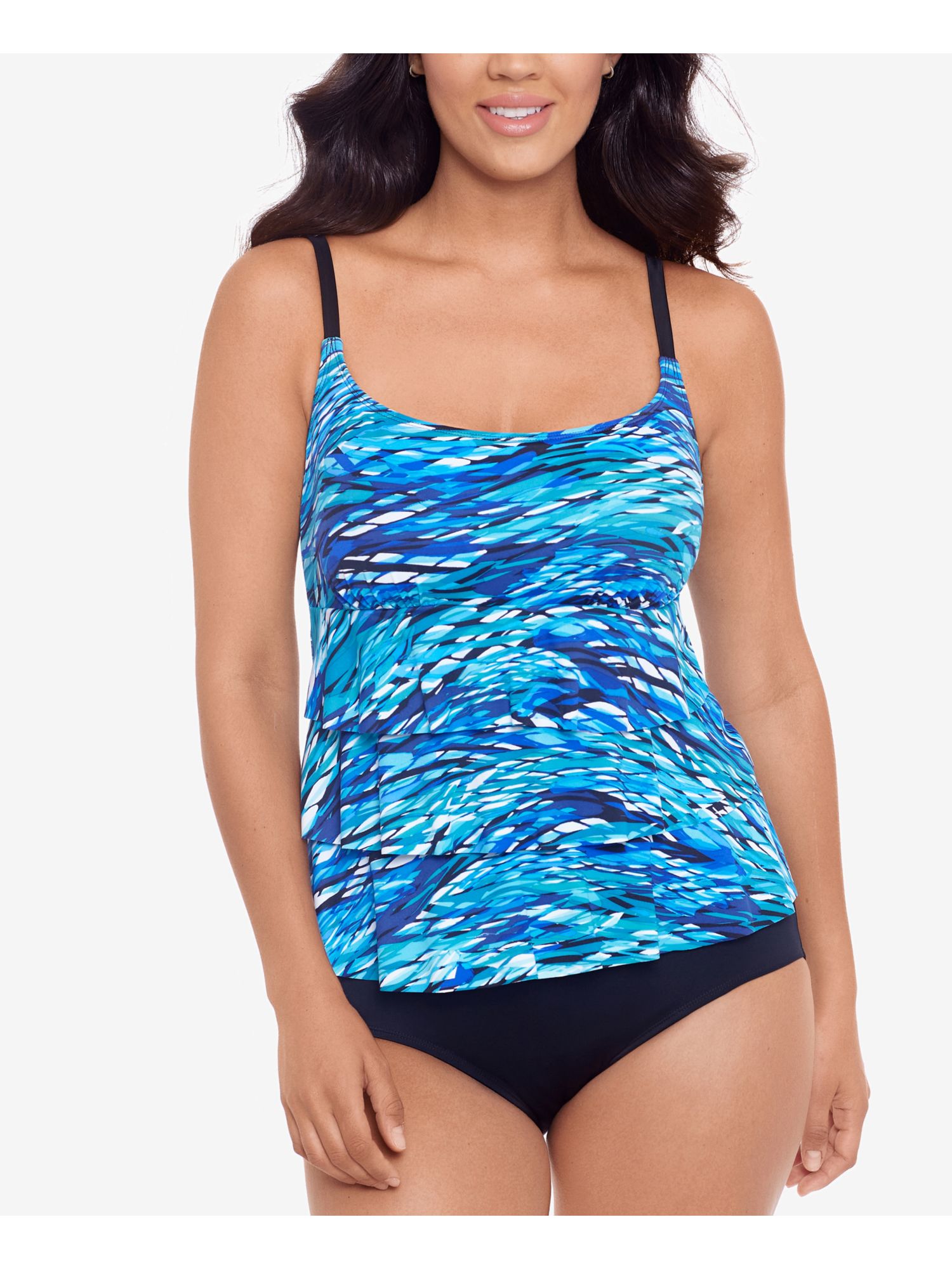 SWIM SOLUTIONS Women's Blue Patterned Stretch Tummy Control Lined Tiered Adjustable Fixed Cups Scoop Neck One Piece Swimsuit 14