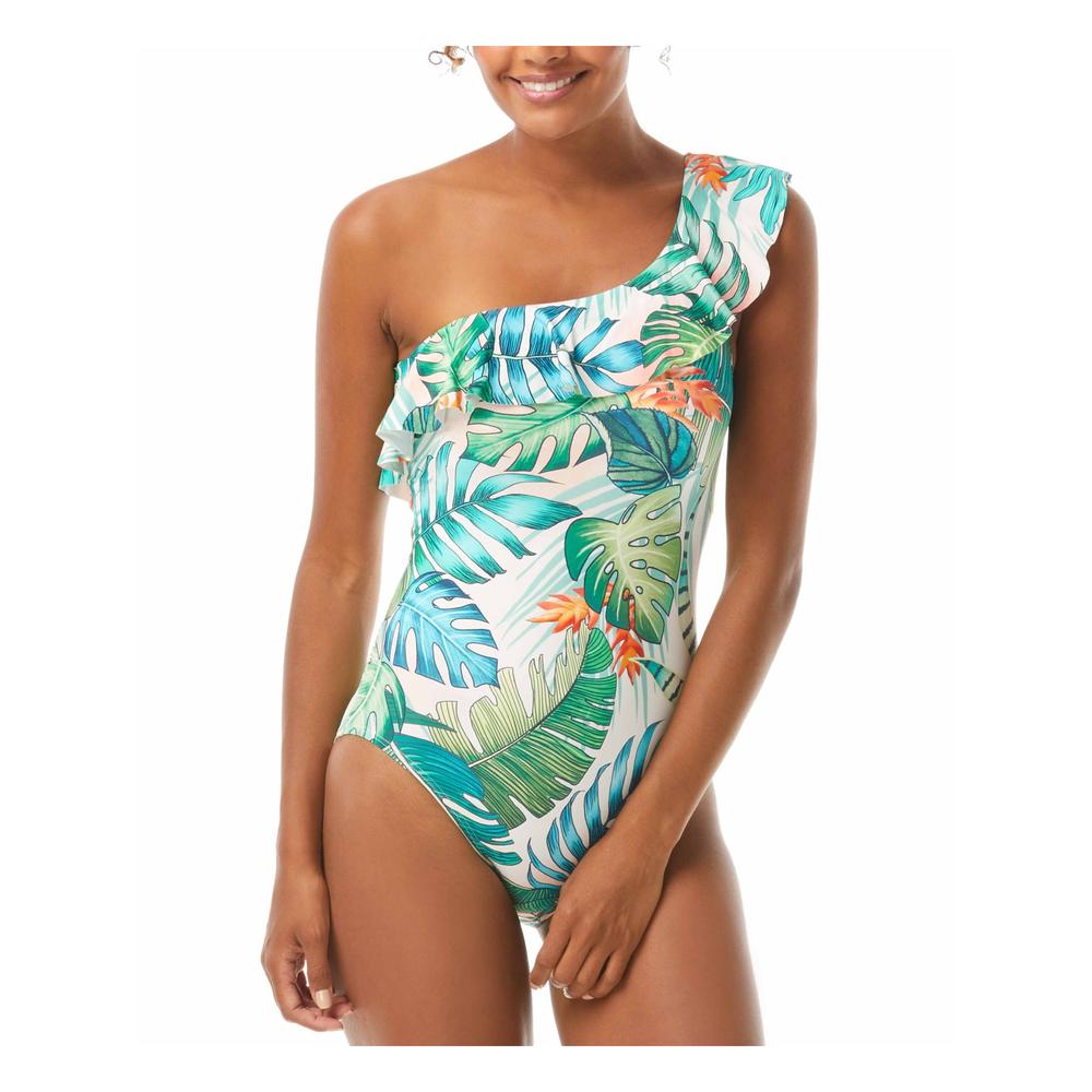 VINCE CAMUTO SWIM Women's White Tropical Print Removable Cups Lined Ruffled One Shoulder One Piece Swimsuit 8