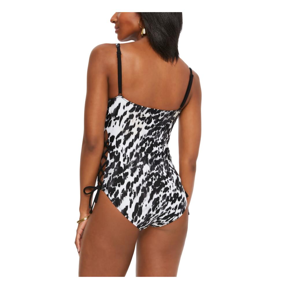 BAR III Women's Black Printed Push-Up Lace-Up Stretch Deep V Neck Adjustable Heat Wave One Piece Swimsuit M