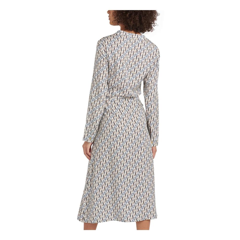 BARBOUR Womens Ivory Tie Band Collar Button Front Printed Long Sleeve Below The Knee Shirt Dress 14
