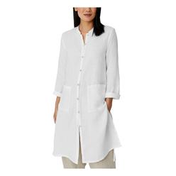 EILEEN FISHER Womens White Textured Pocketed Unlined Kimono Sleeve Mandarin Collar Button Down Jacket S\P